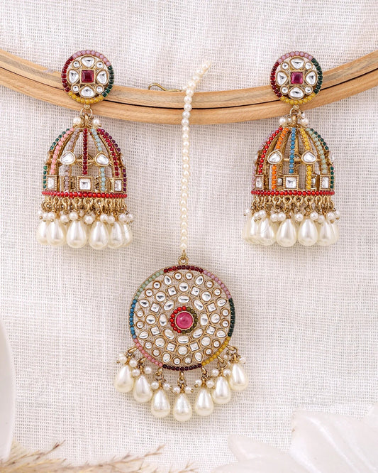 Mehnaz Pakistani Kundan Jhumki Earrings With Mangtika