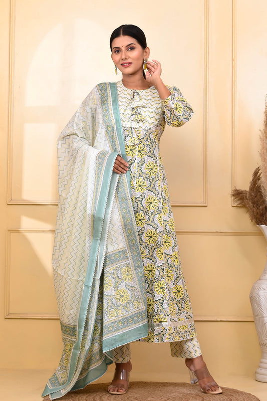 Yellow & Green Floral Umbrella Cut Suit Set - Aastha