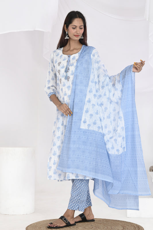 Blue lotus white kurti set - Vikin