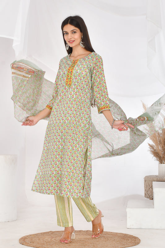 Light green floral kurti set - vikin