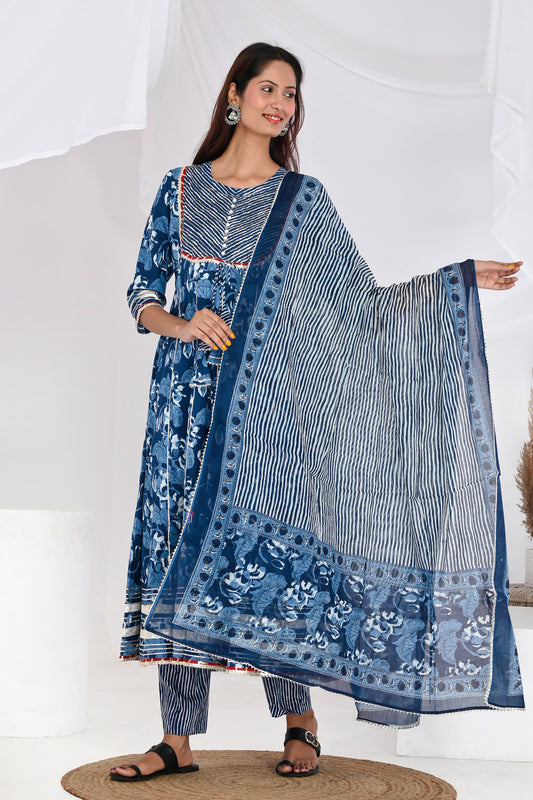 Indigo Floral Anarkali Cotton Suit Set - Aastha