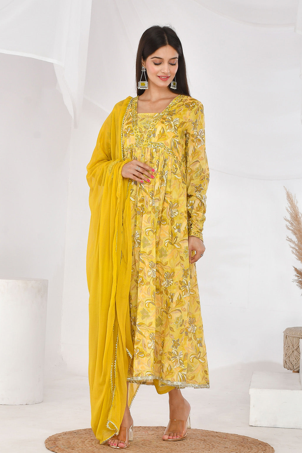 Yellow Floral Cotton Mulmul Suit Set - YWDG – Krishaz