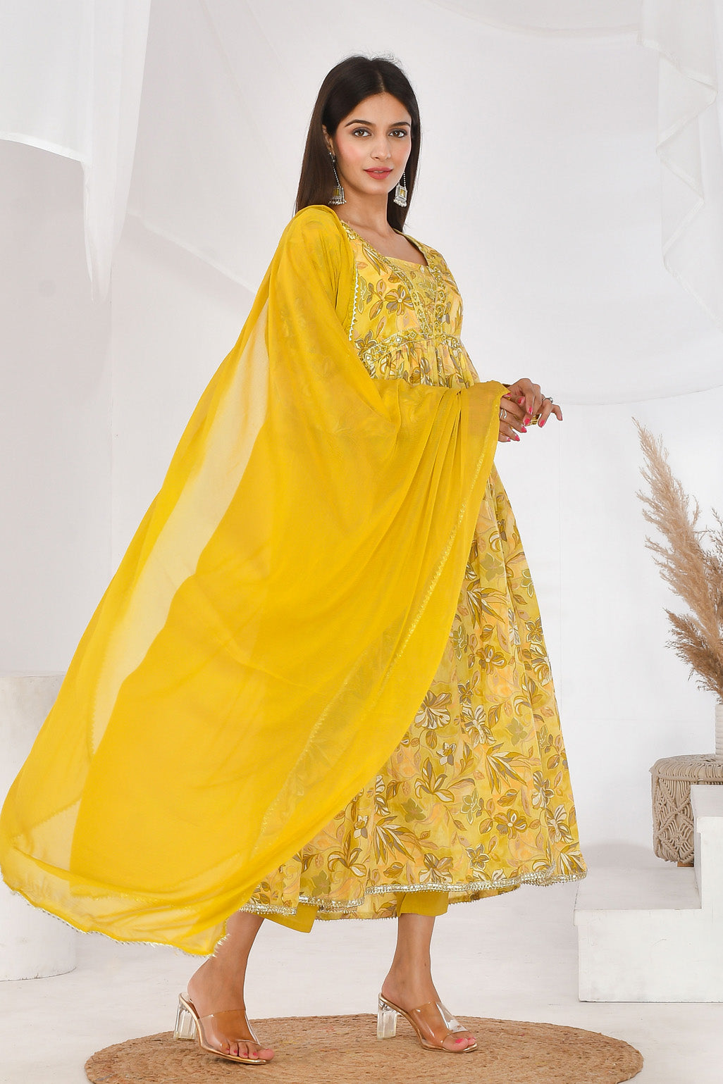 Yellow Floral Cotton Mulmul Suit Set - YWDG