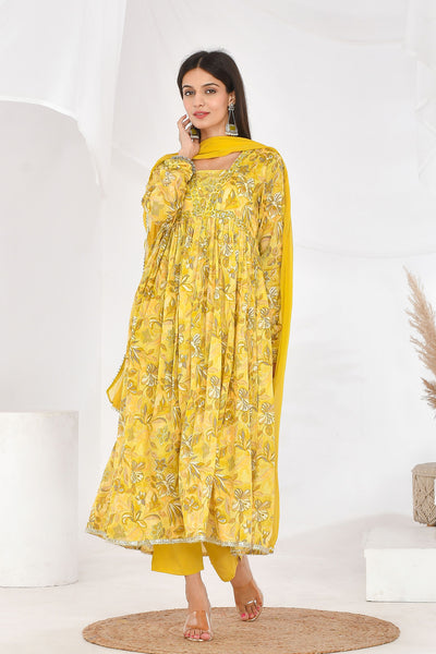 Yellow Floral Cotton Mulmul Suit Set - YWDG