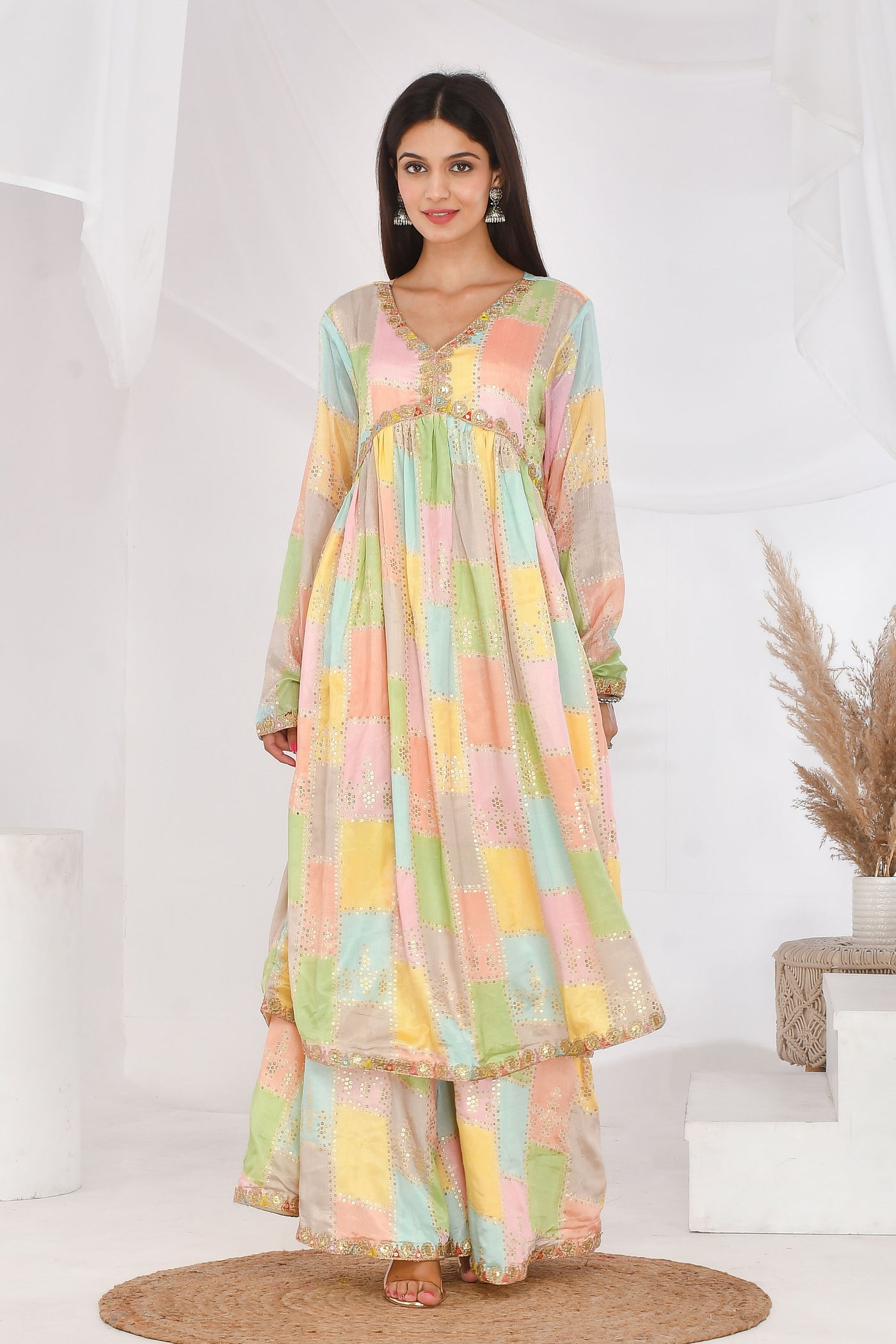 Multi Color Chinon Silk Suit Set - Swag