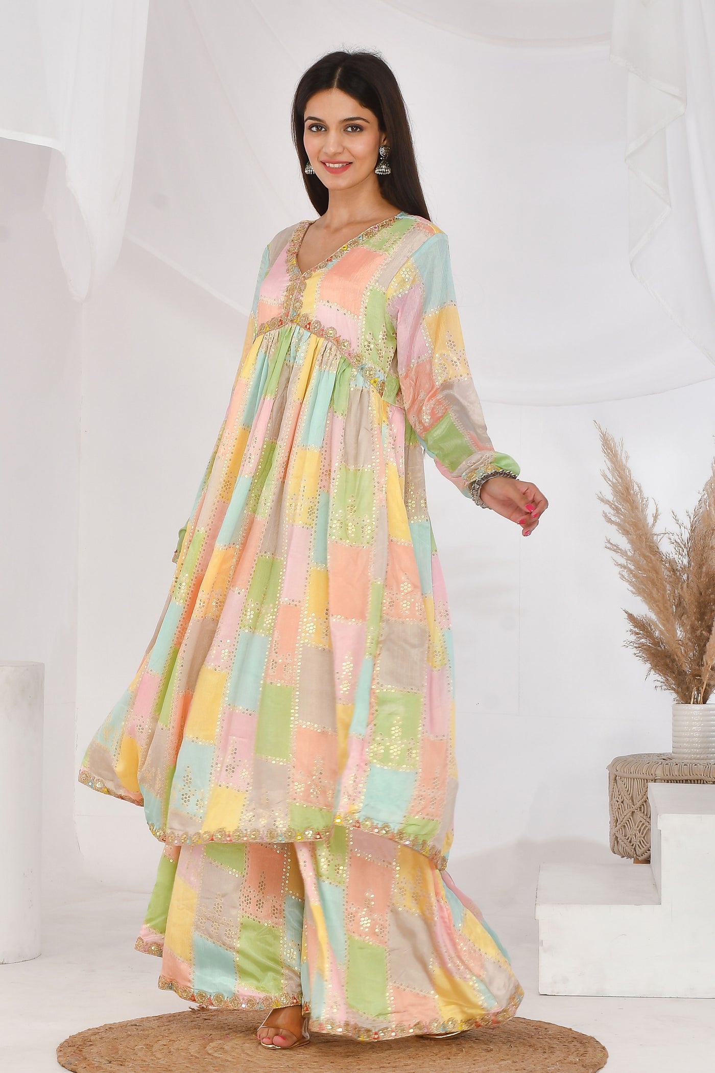Multi Color Chinon Silk Suit Set - Swag