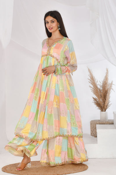 Multi Color Chinon Silk Suit Set - Swag