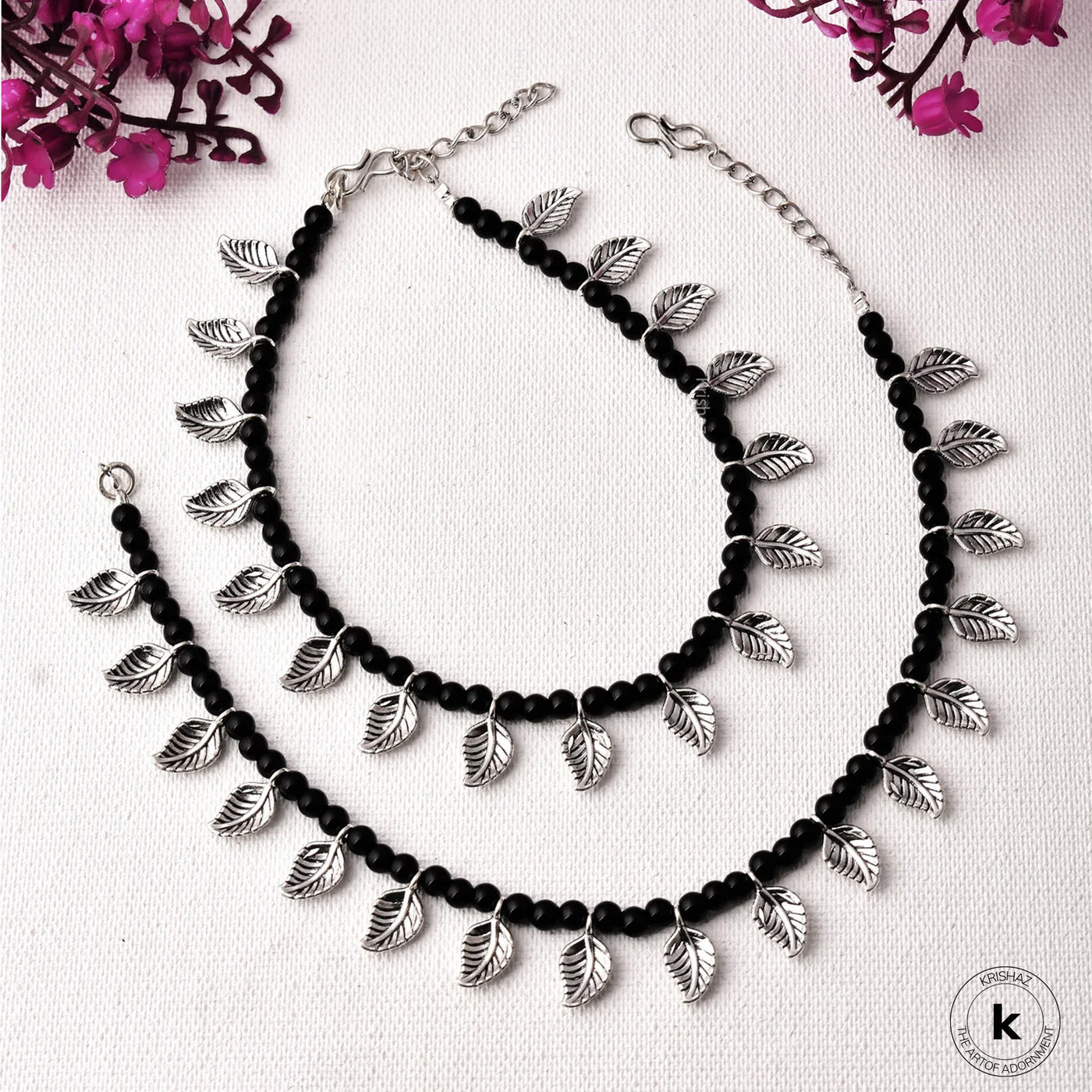 Oxidized Silver Leaf Pattern Black Beaded Handcrafted Anklets
