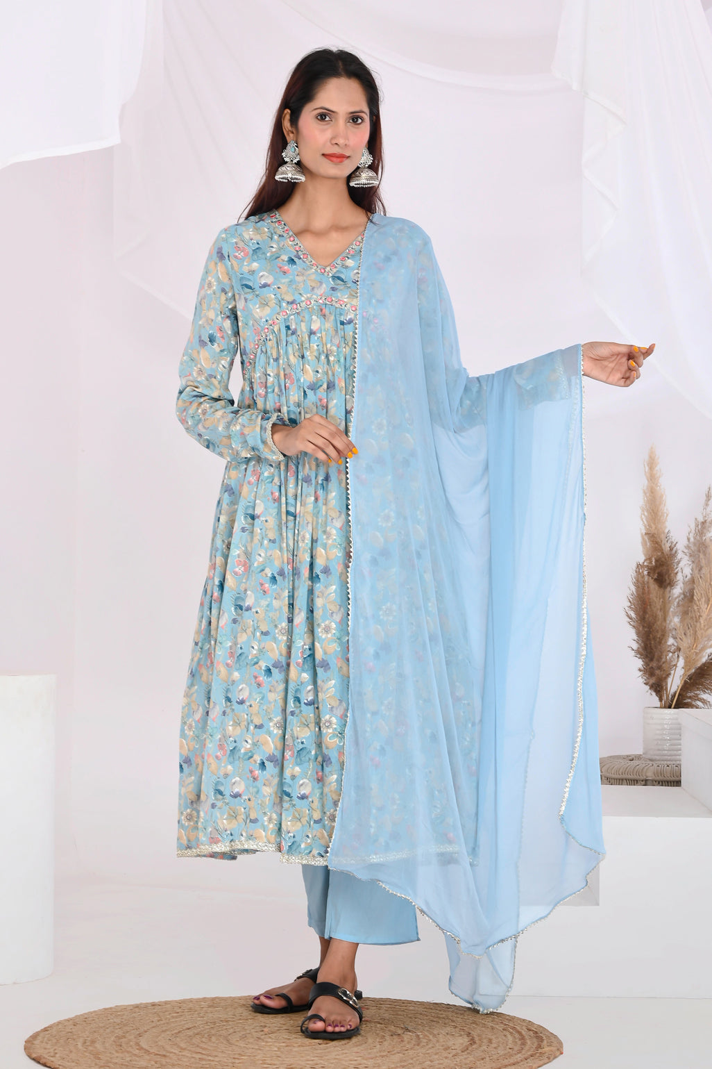 Blue Floral Cotton Mulmul Suit Set - YWDG