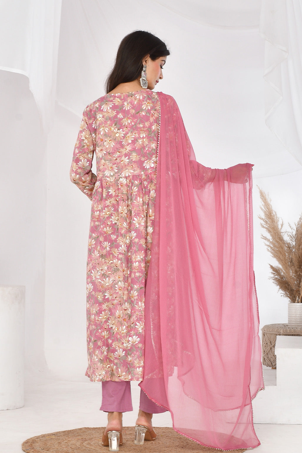 Pink Floral Cotton Mulmul Suit Set-Divya