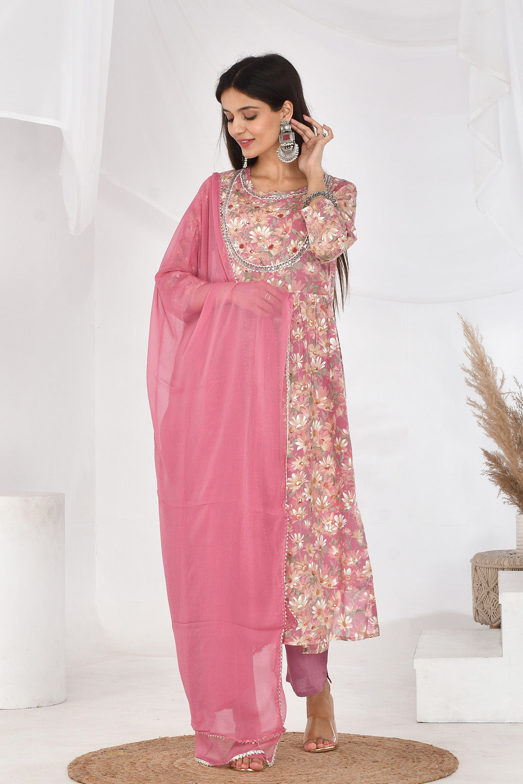 Pink Floral Cotton Mulmul Suit Set-Divya