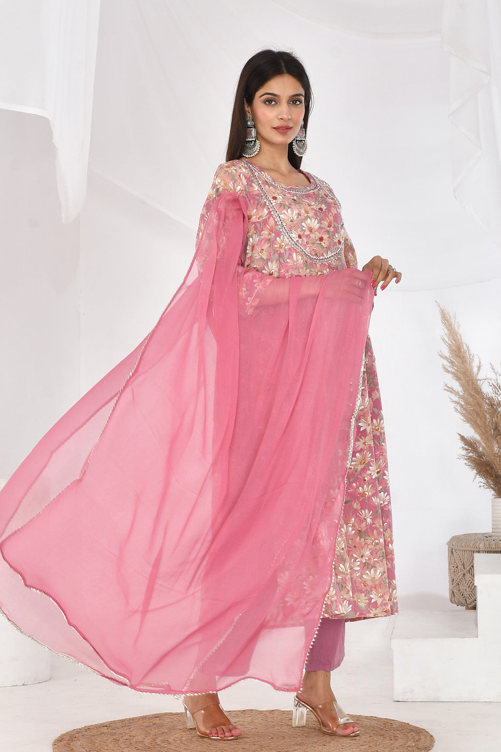 Pink Floral Cotton Mulmul Suit Set-Divya