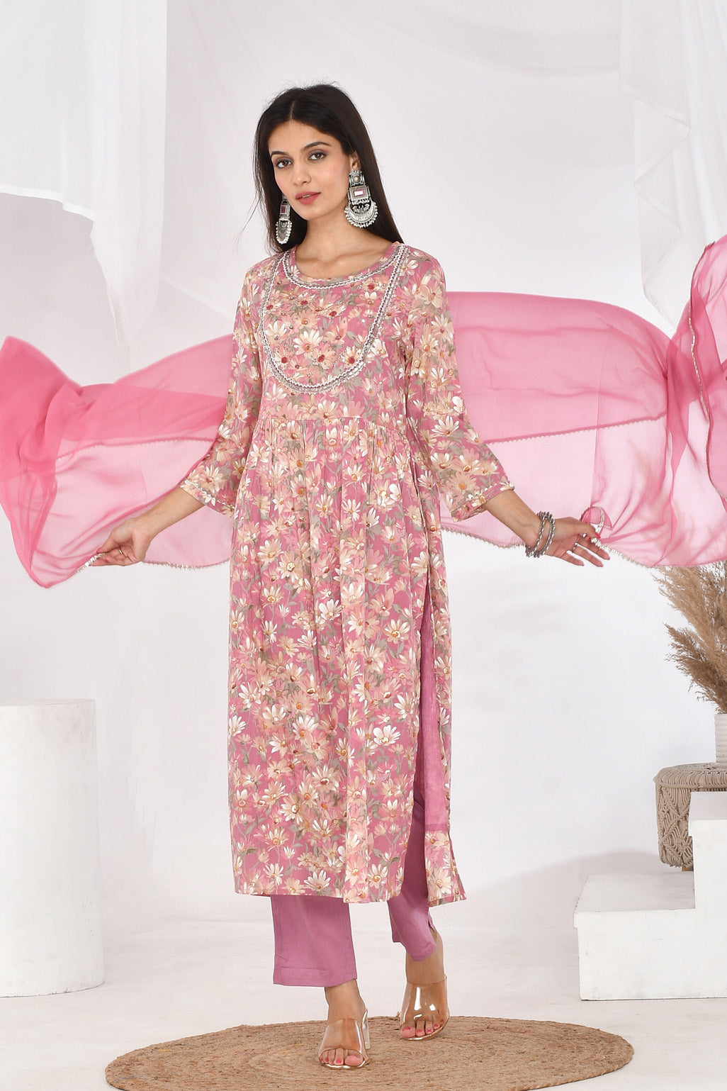 Pink Floral Cotton Mulmul Suit Set-Divya