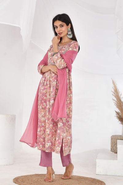 Pink Floral Cotton Mulmul Suit Set-Divya
