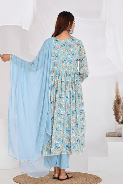 Blue Floral Cotton Mulmul Suit Set - YWDG