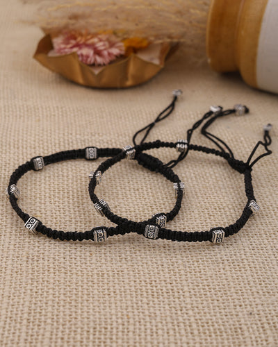 Swati Square Patterned Silver Oxidized Thread Anklets - wxo