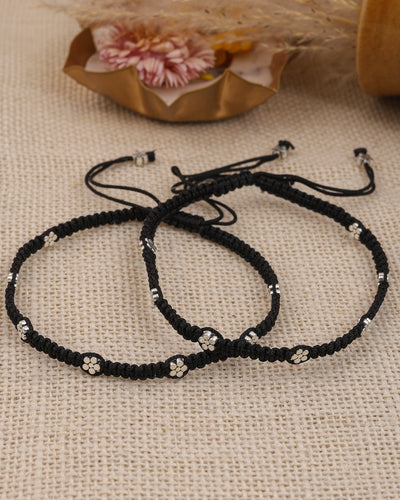 Grisha Flower Patterned Oxidized Silver Thread Anklets