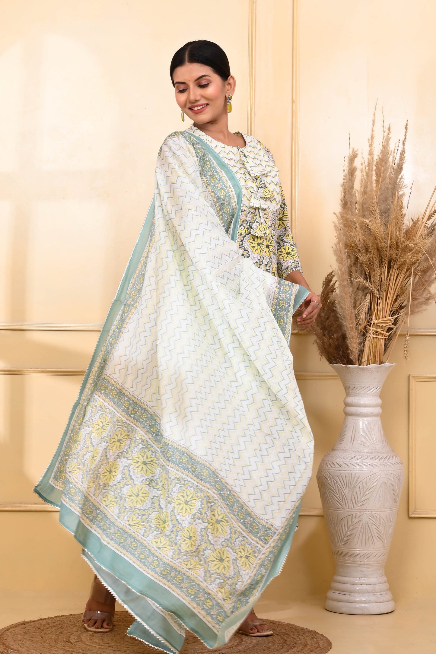 Yellow & Green Floral Umbrella Cut Suit Set - Aastha