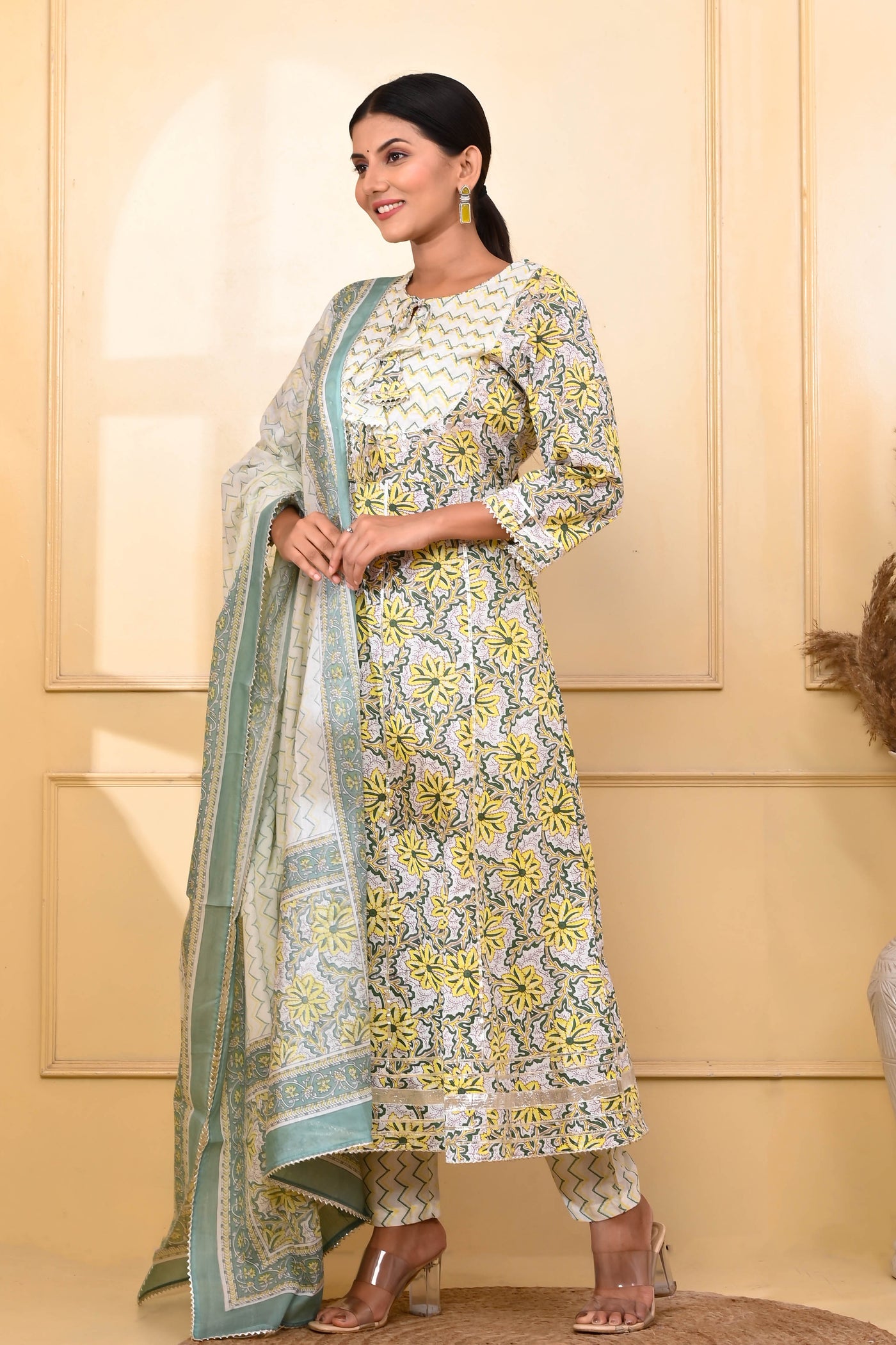 Yellow & Green Floral Umbrella Cut Suit Set - Aastha