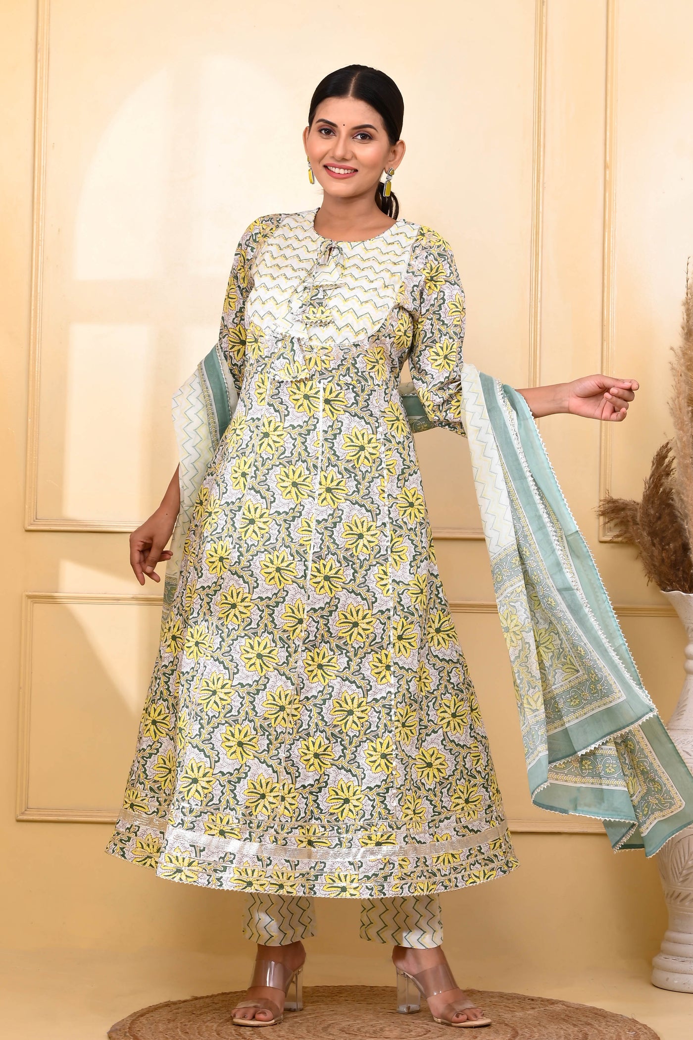 Yellow & Green Floral Umbrella Cut Suit Set - Aastha