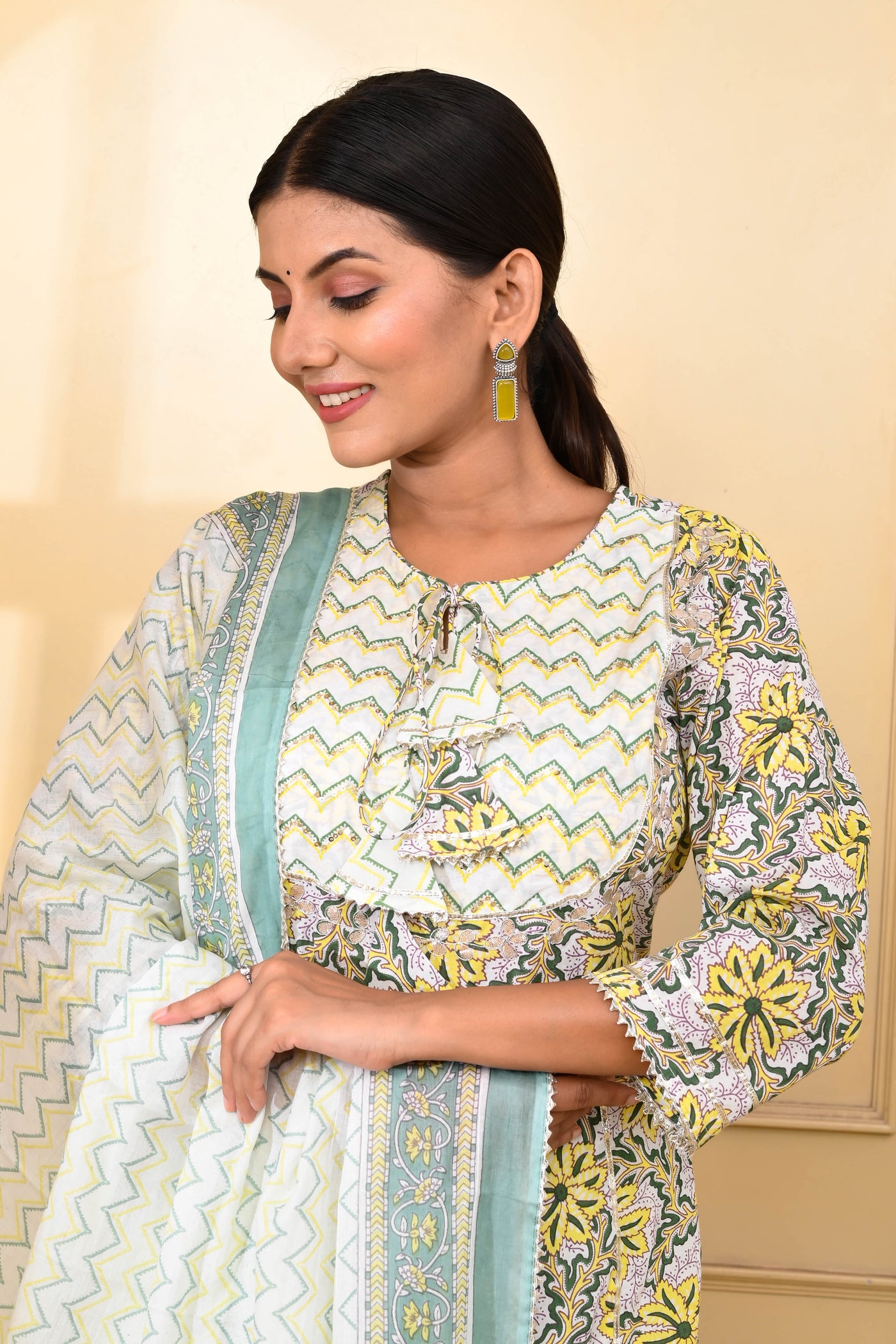 Yellow & Green Floral Umbrella Cut Suit Set - Aastha