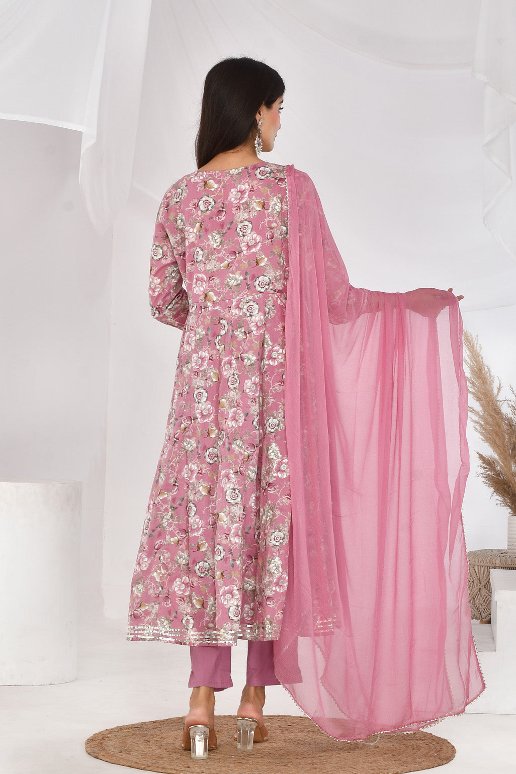 Pink Floral Cotton Mulmul Anarkali Suit Set -Divya