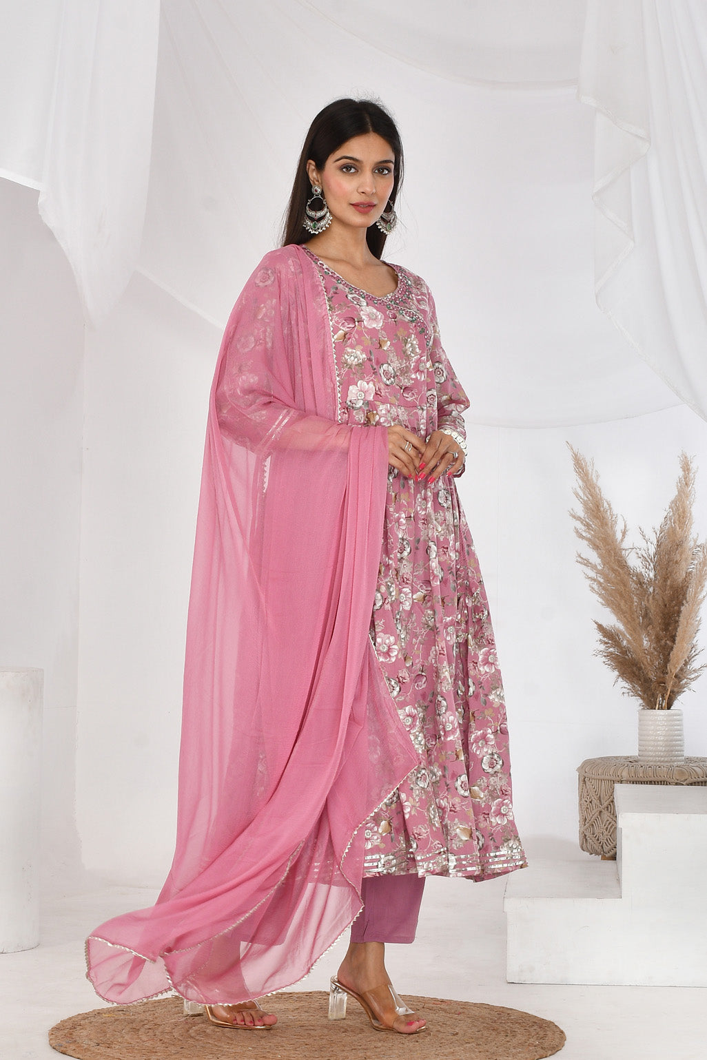 Pink Floral Cotton Mulmul Anarkali Suit Set -Divya