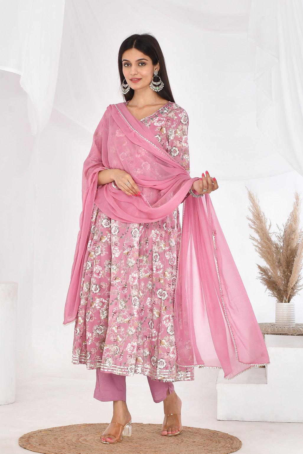Pink Floral Cotton Mulmul Anarkali Suit Set -Divya