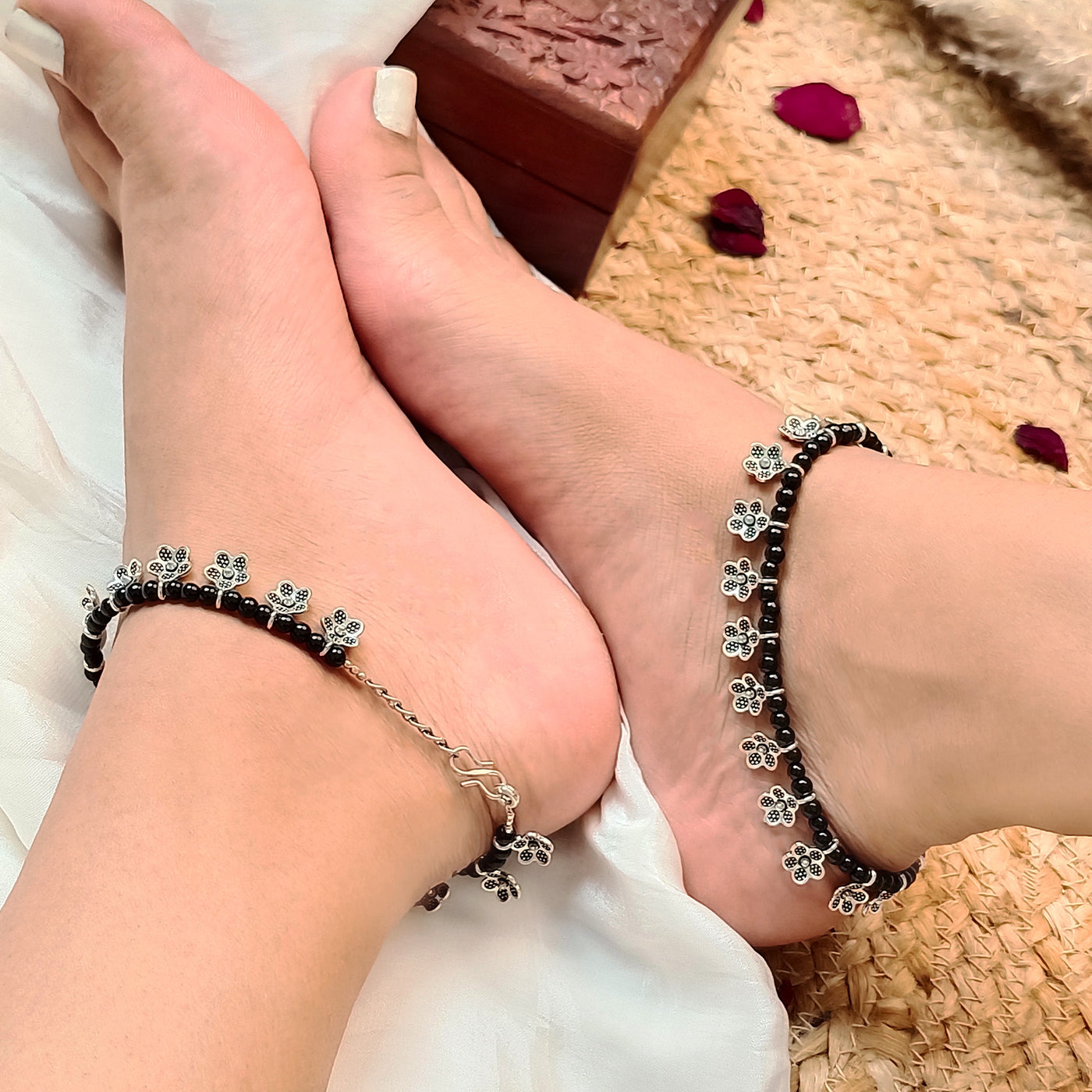 Aarushi Silver Oxidized Pair Of Beaded Anklets