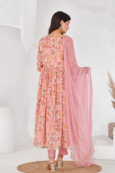 Peach Floral Cotton Mulmul Suit Set - YWDG