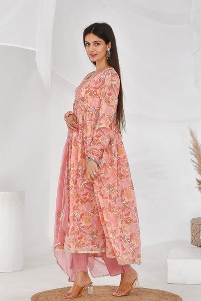 Peach Floral Cotton Mulmul Suit Set - YWDG