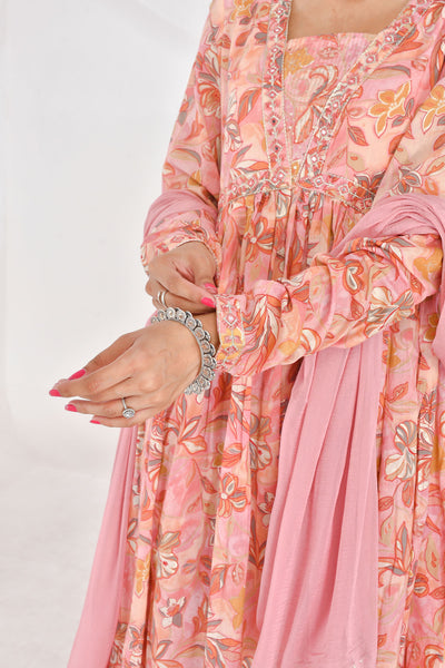 Peach Floral Cotton Mulmul Suit Set - YWDG