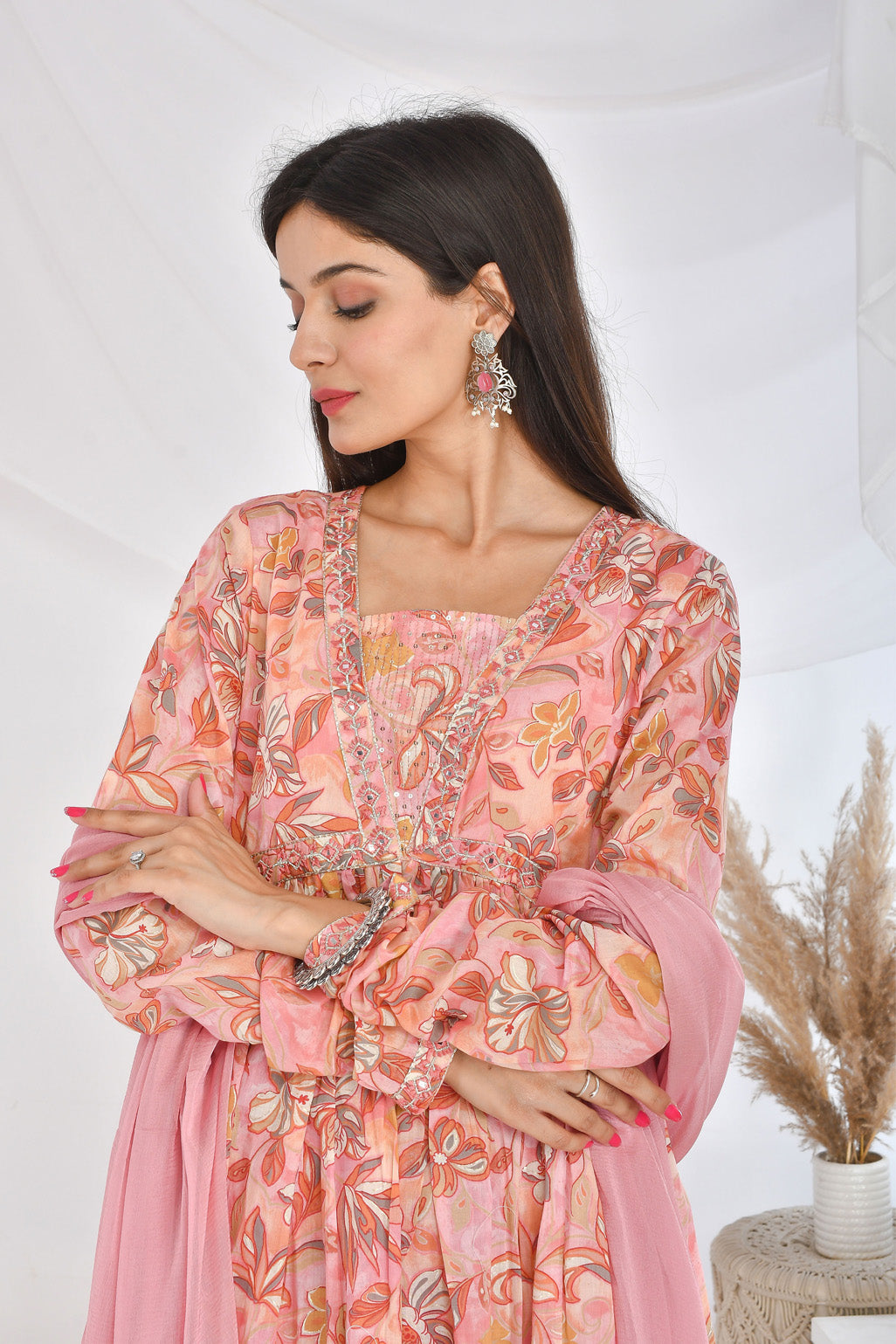 Peach Floral Cotton Mulmul Suit Set - YWDG