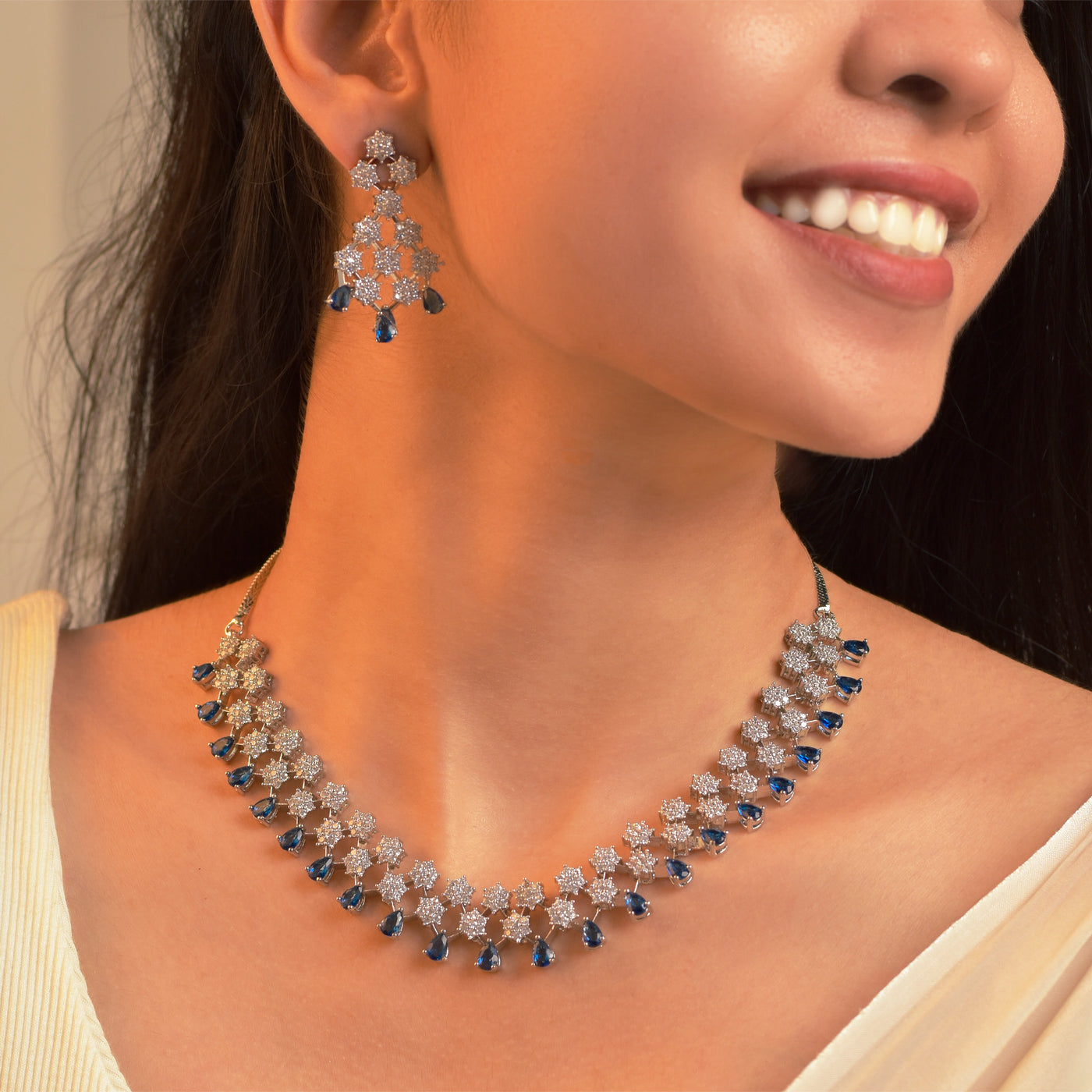 Abigail Flower Design Rhodium Plated Cz American Diamond Necklace Set