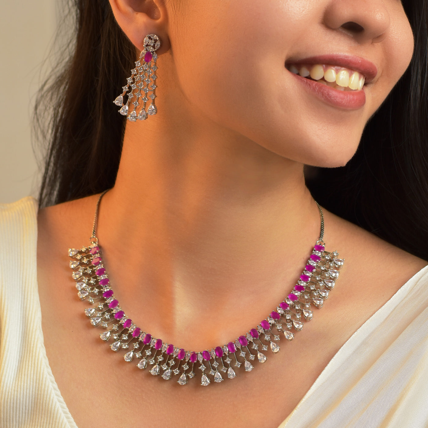 Catherine Designer Rhodium Plated Cz American Diamond Necklace Set