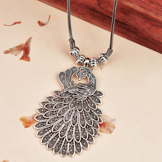 Oxidized Silver Peacock Pendant Necklace