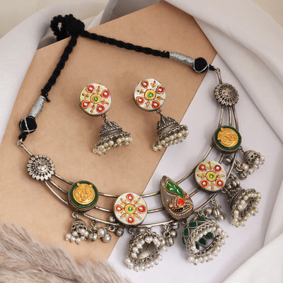 Zafira Multi Color Flower Designed Meenakari Jhumki Style Ghungroo Choker Set