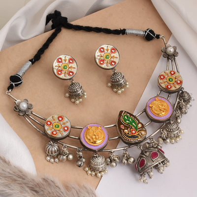 Raina Multi Color Flower Designed Meenakari Jhumki Style Ghungroo Choker Set