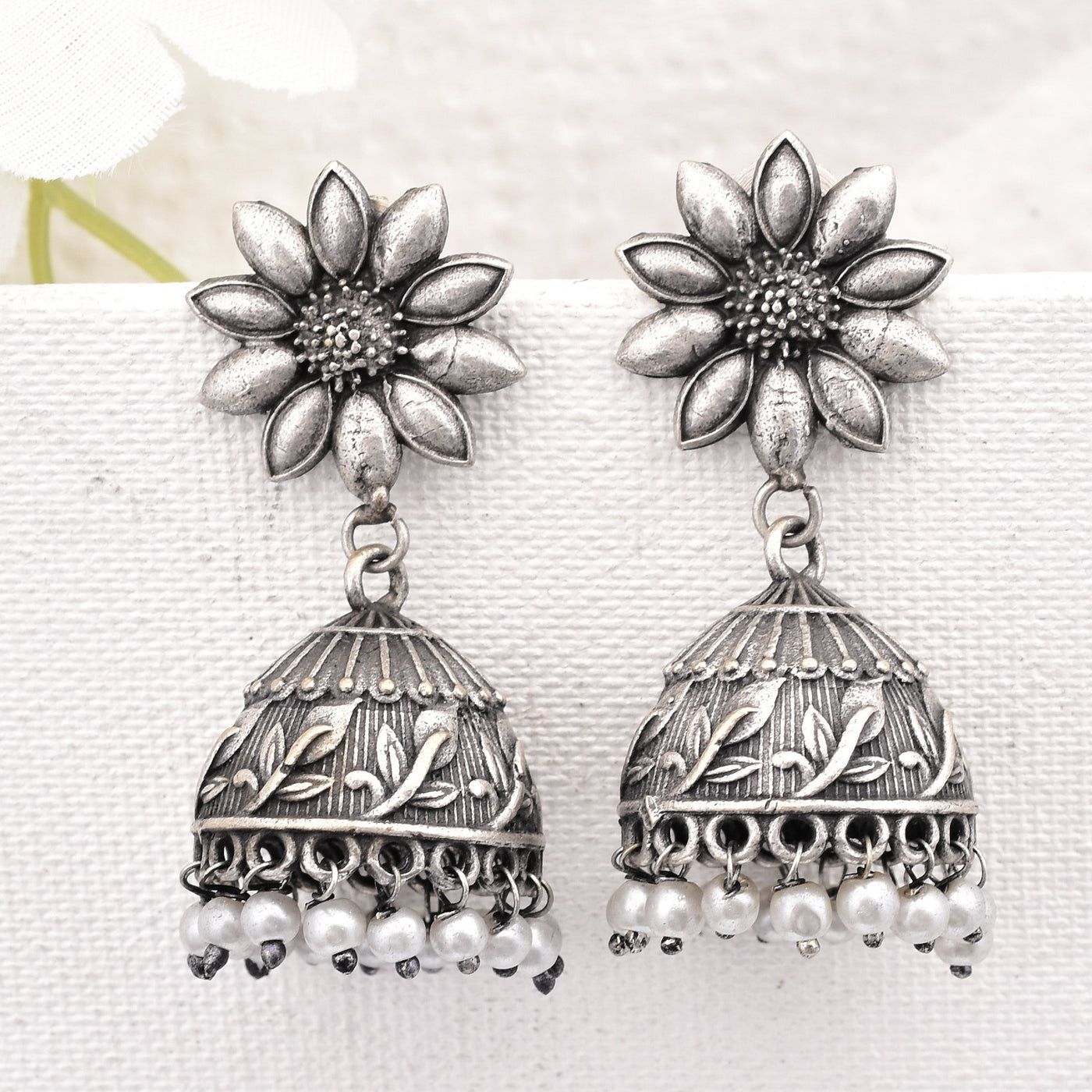 Mahira Flower Silver Look Alike Jhumka Earrings