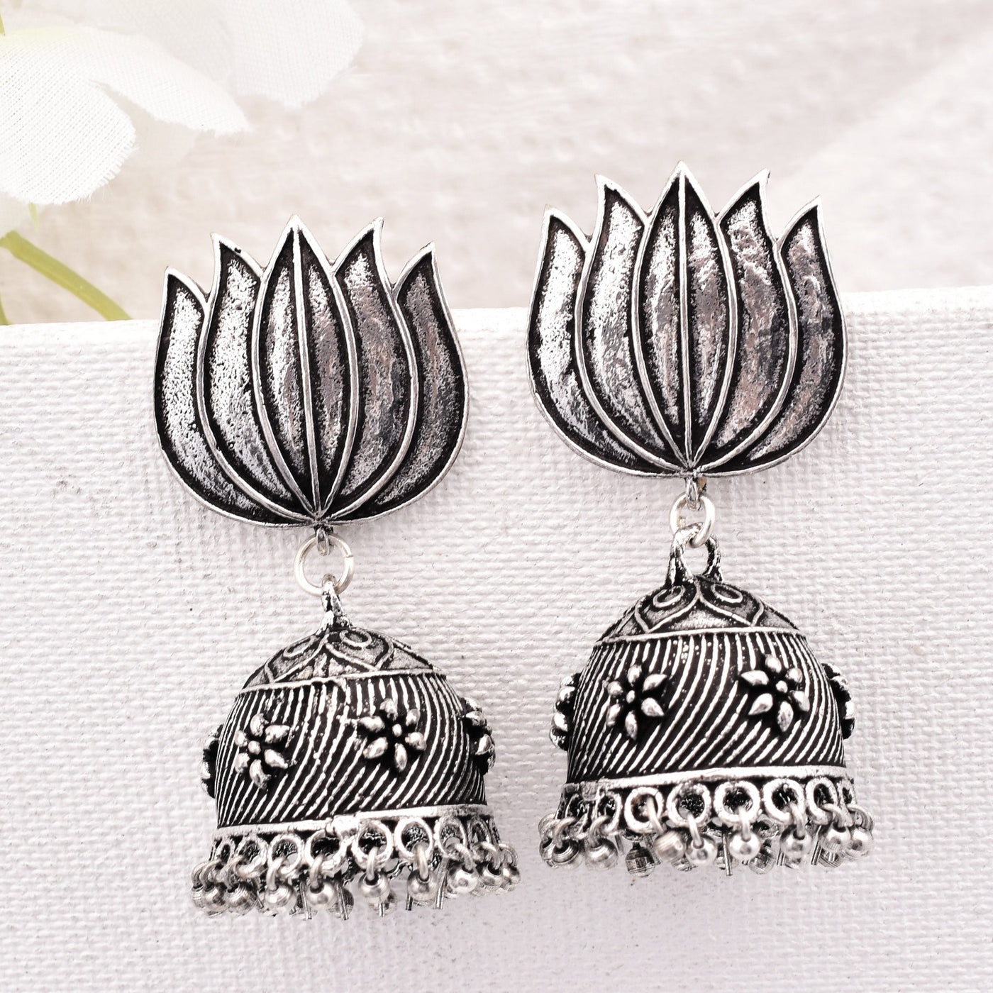 Neer Lotus Design Silver Look Alike Jhumka Earrings