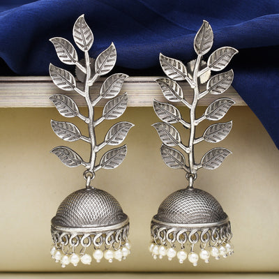Rudra Leaf Design Silver Look Alike Jhumka Earrings