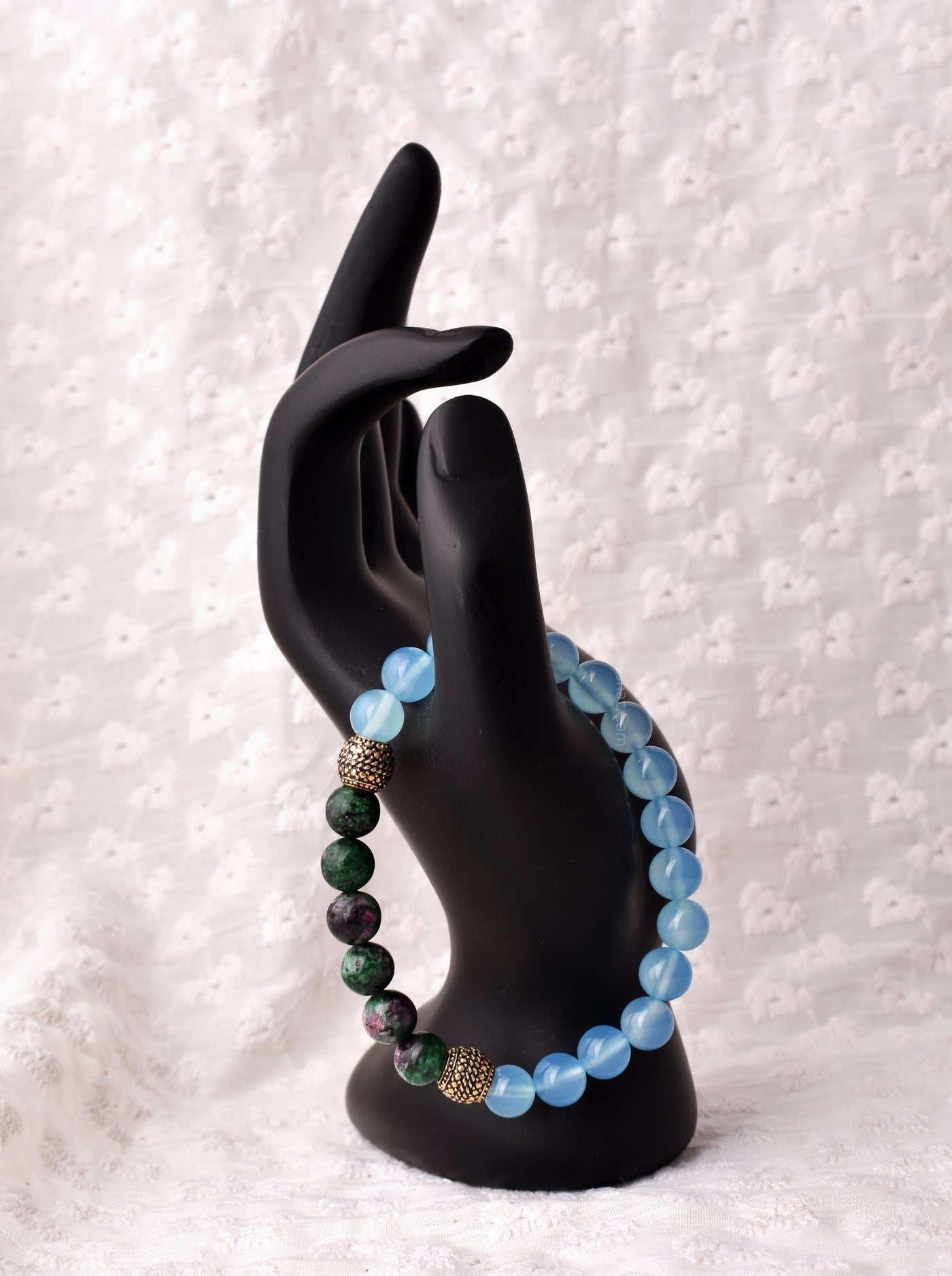 Round Beaded Stretch Bracelet, 8mm Round Light Blue Onyx Beads, Ruby Ziosite Beads With Real Gold Plated Beads.