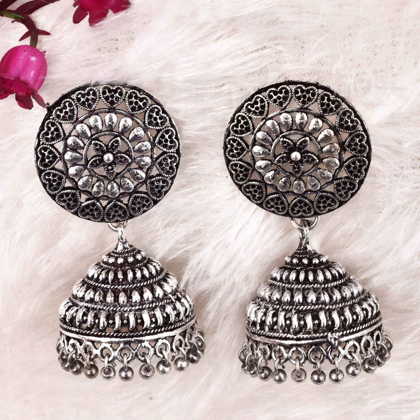 Zinnia Floral Design Silver Look Alike Jhumka Earrings