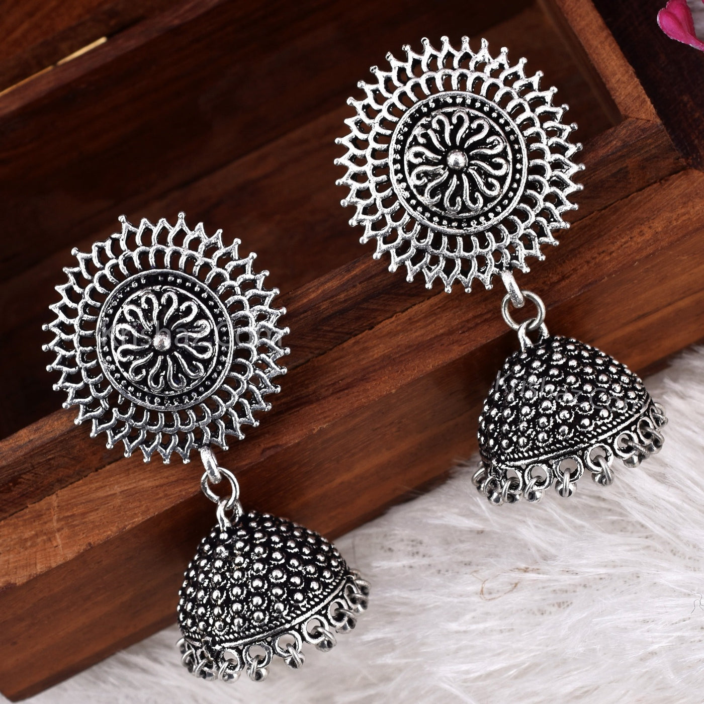 Srinidhi Silver Oxidized Kolhapuri Style Jhumki Earrings