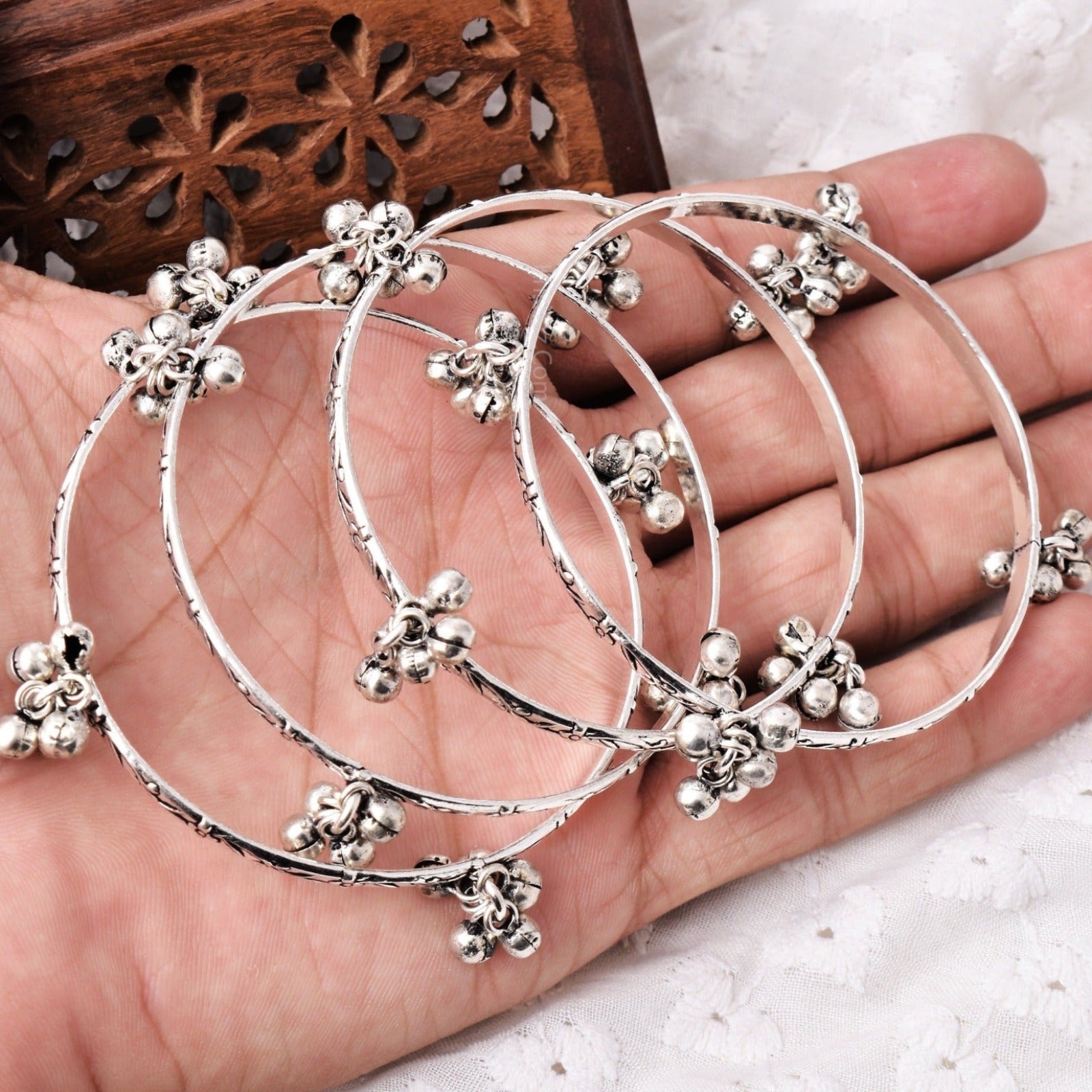 4 pcs Set of Oxidized Silver Ghungroo Chudiyaan ( Bangles ) - Krishaz