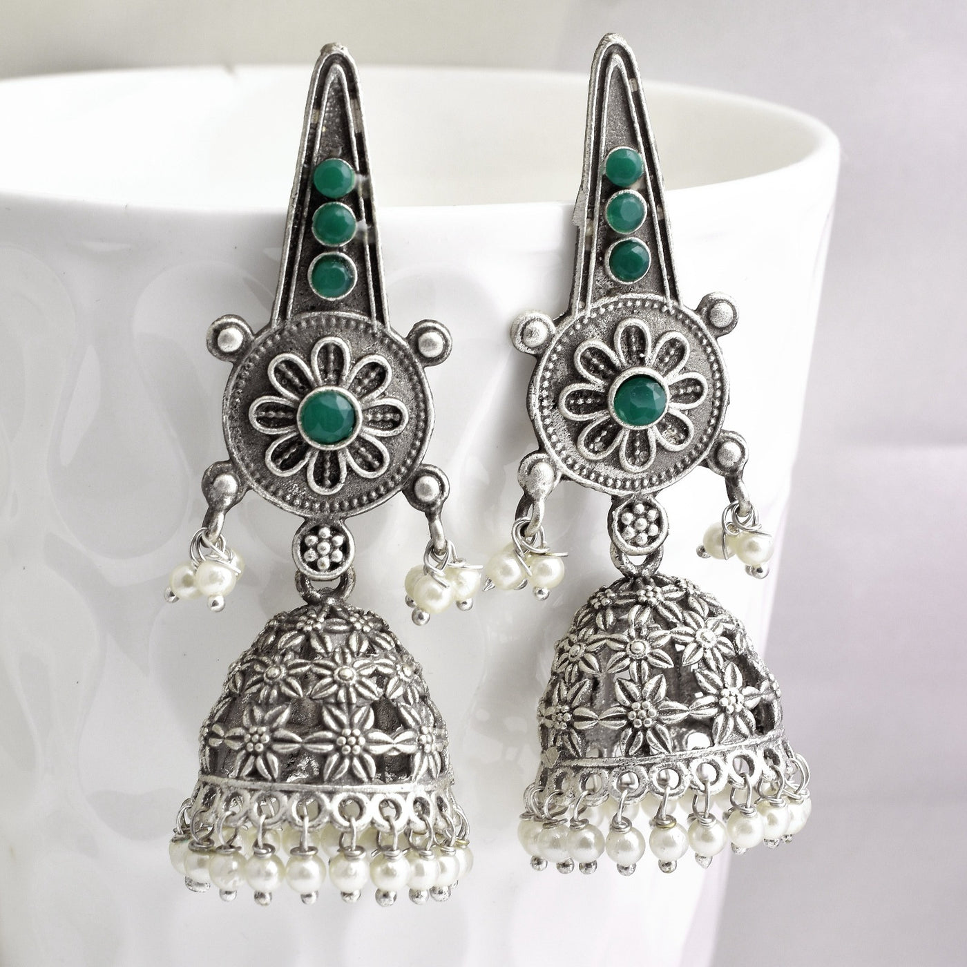 Aarzoo Silver Look Alike Jhumka Earrings - Krishaz