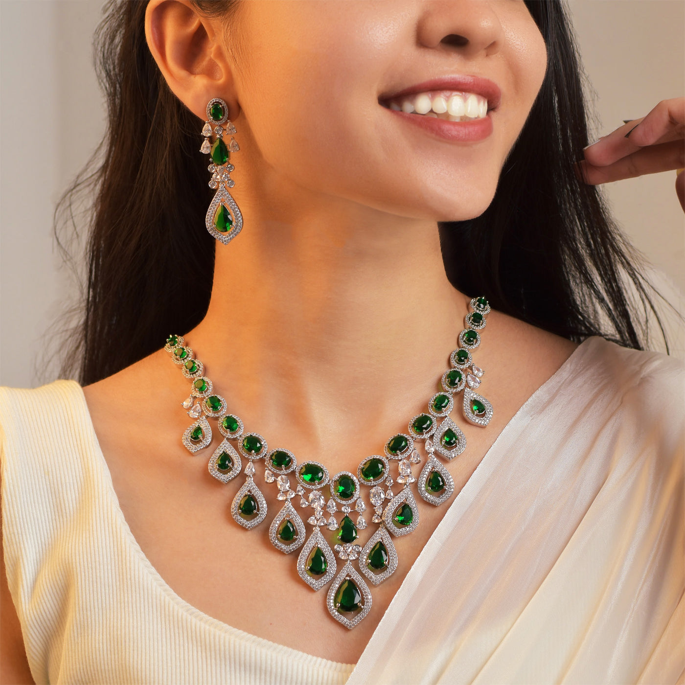 Genelia Rhodium Plated Necklace with Matching Earrings