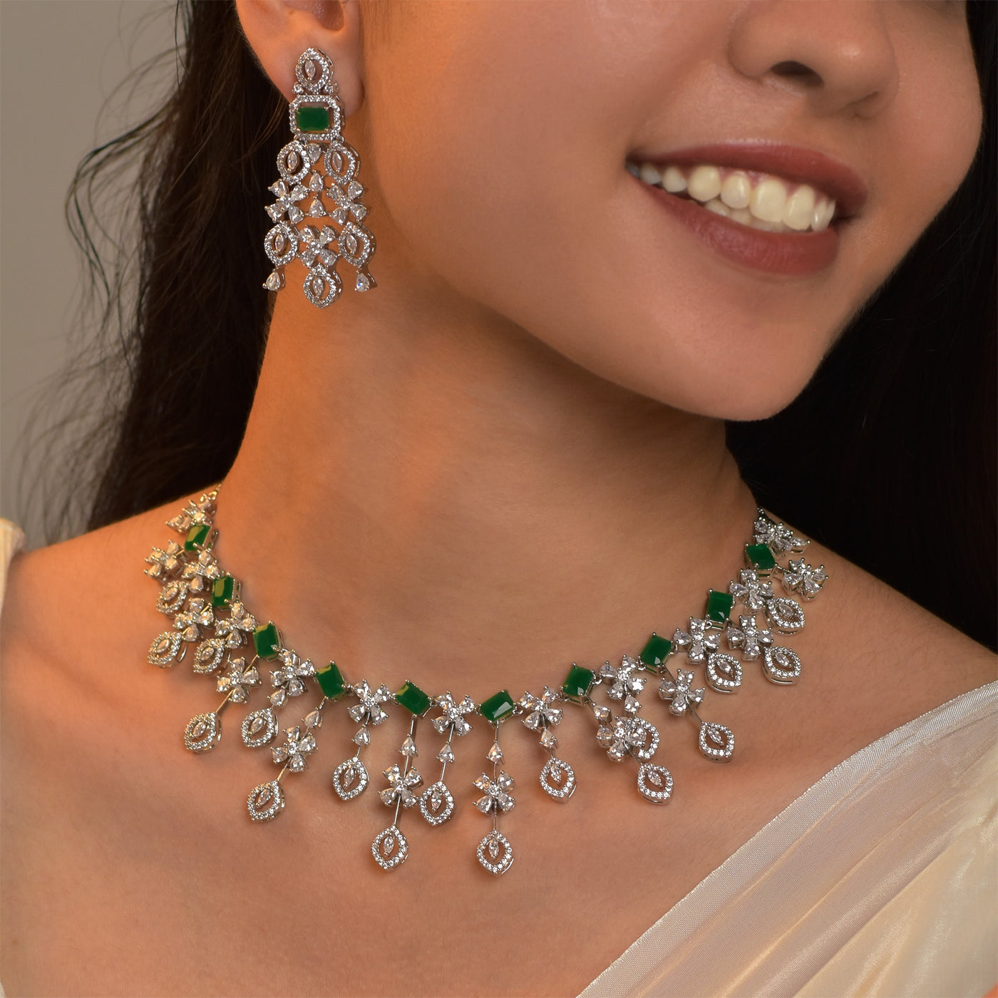 Kimaya Rhodium Necklace With Matching Earrings