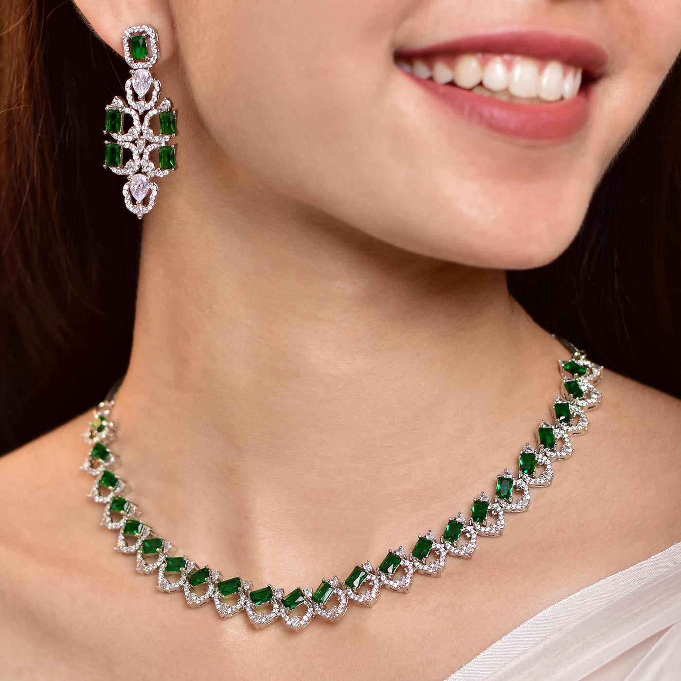 Lea Rhodium Plated Cz American Diamond Necklace Set