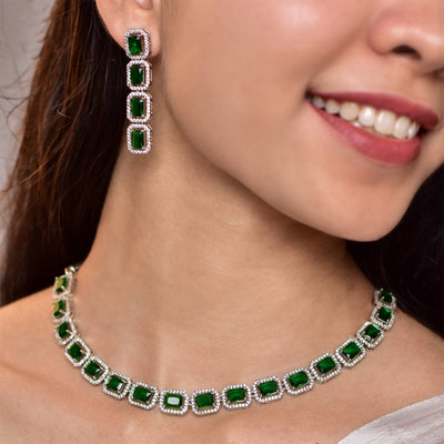 Neema Octo Design Rhodium Plated Cz American Diamond Necklace Set